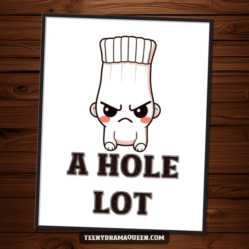 Funny digital art print of a tiny, indignant sock character with a stern expression and a hole, adding a touch of playful disapproval.