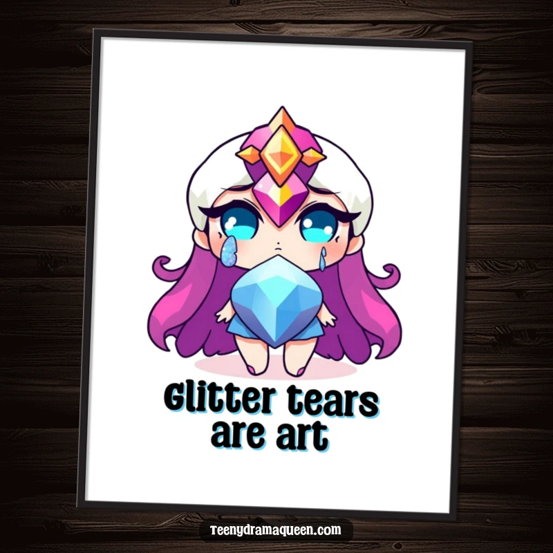 Funny digital art print of a dramatic jewel character shedding a glittery tear, offering humorous dramatic sparkle for wall decor. Great funny gift.