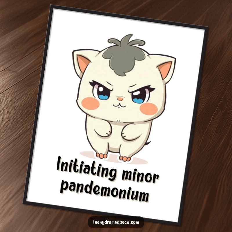 Funny digital art print of a character with a mischievous glint, about to cause a small commotion, embodying playful humor.