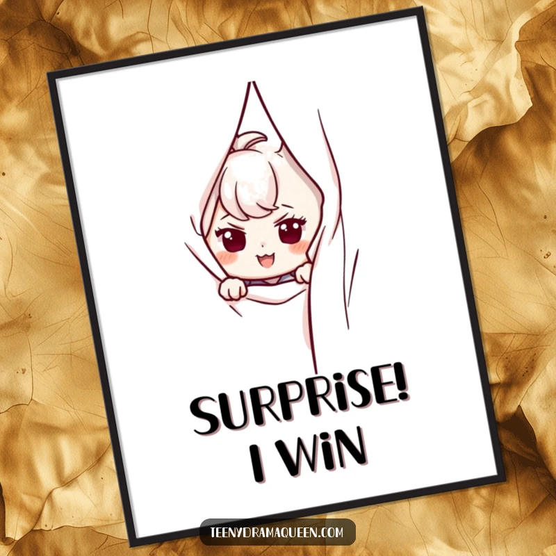 Funny digital art print of a character peeking from behind a curtain with a mischievous smirk, for decor.