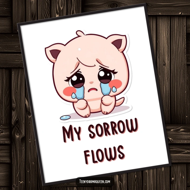 Funny digital art print of a kawaii character crying tiny, exaggerated tears from big sad eyes, evoking sweet, relatable sadness.