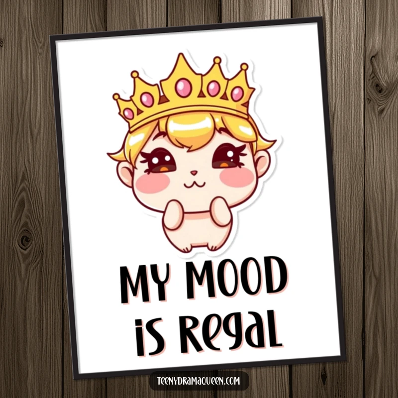 Funny digital art print of a sassy crown character pouting with puffed cheeks, offering humorous royal charm for wall decor. Great funny gift.