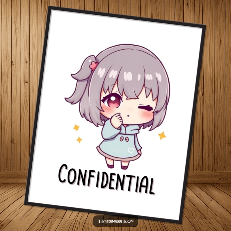 Funny digital art print of a character whispering secrets with a conspiratorial wink, perfect for adding playful intrigue and humor to decor.