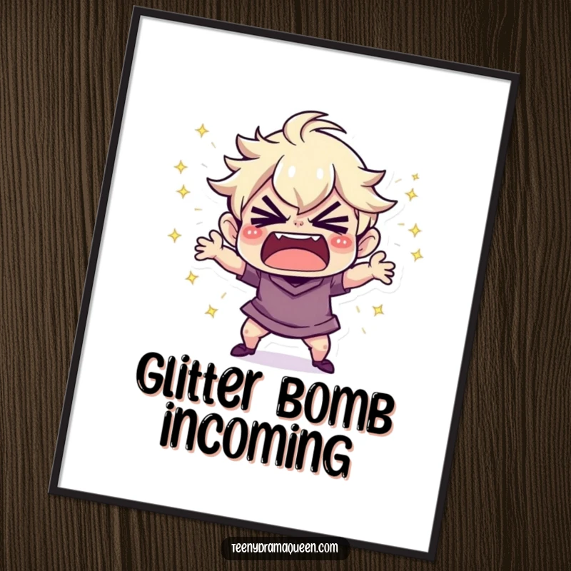 Funny Digital Art Print: Tiny character throwing a tiny, sparkly tantrum, adding instant humor and sparkle to wall decor.