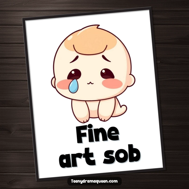 Funny digital art print of a character with a single, expressive tear, ideal for humorous home decor and instant aesthetic appeal.