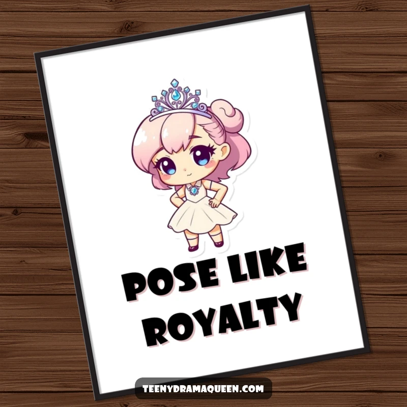 Funny digital art print of a tiny character with a tiara, striking a dramatic pose, ready to download and display.
