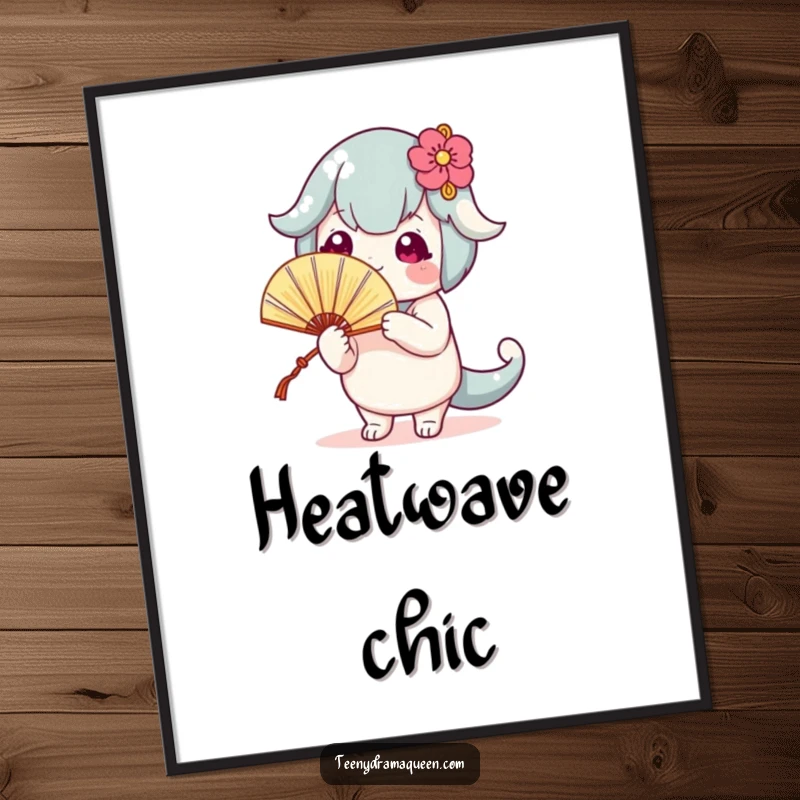 Funny digital art print of a cute character fanning itself dramatically, perfect for virtual or physical display with humor.