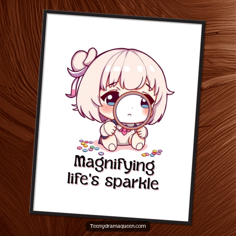 Funny digital art print of a character using a small magnifying glass to examine a single sequin, capturing a moment of humorous scrutiny.