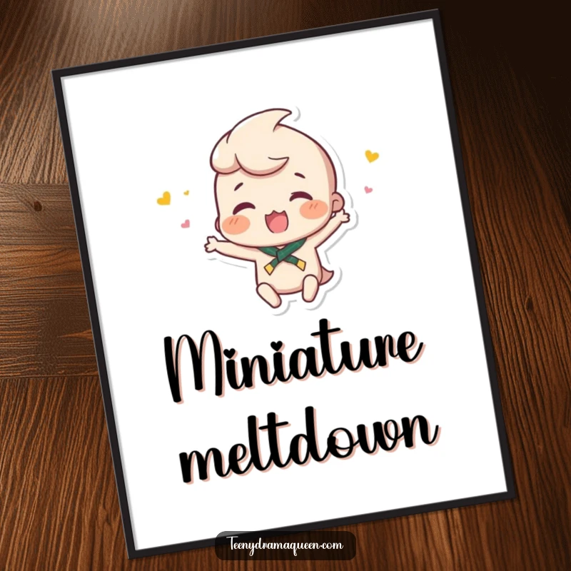 Funny digital art print of a small character throwing a minuscule hissy fit, conveying adorable drama and playful overreaction.