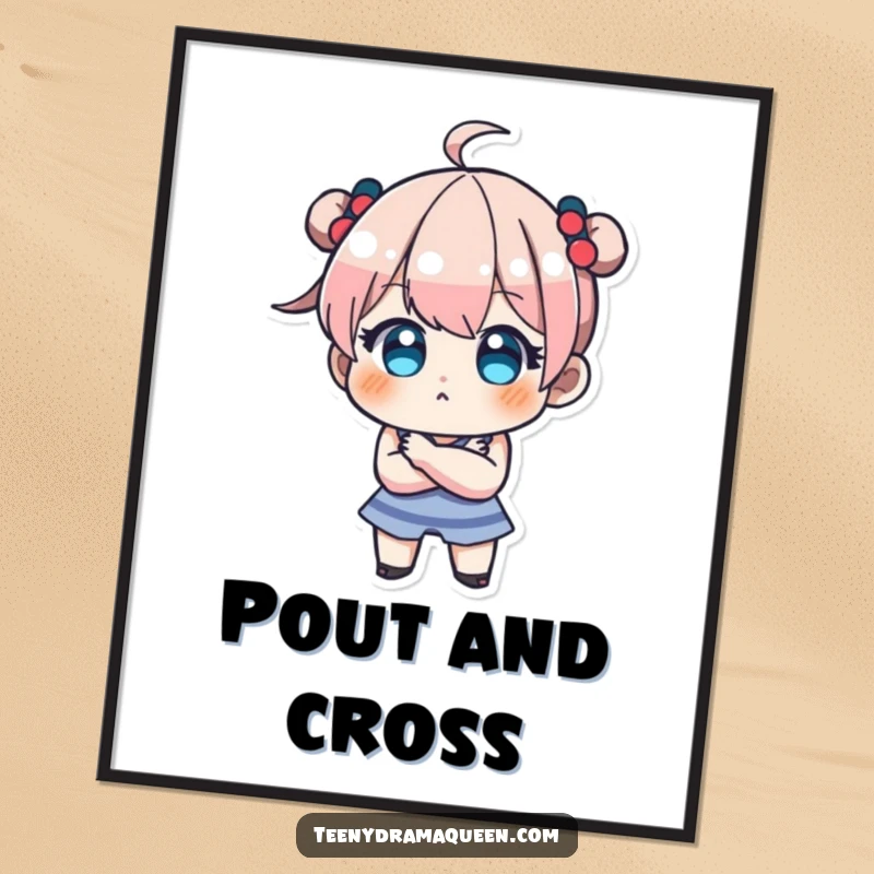 Funny digital art print of a teeny character pouting with crossed arms, conveying adorable stubbornness and playful defiance.