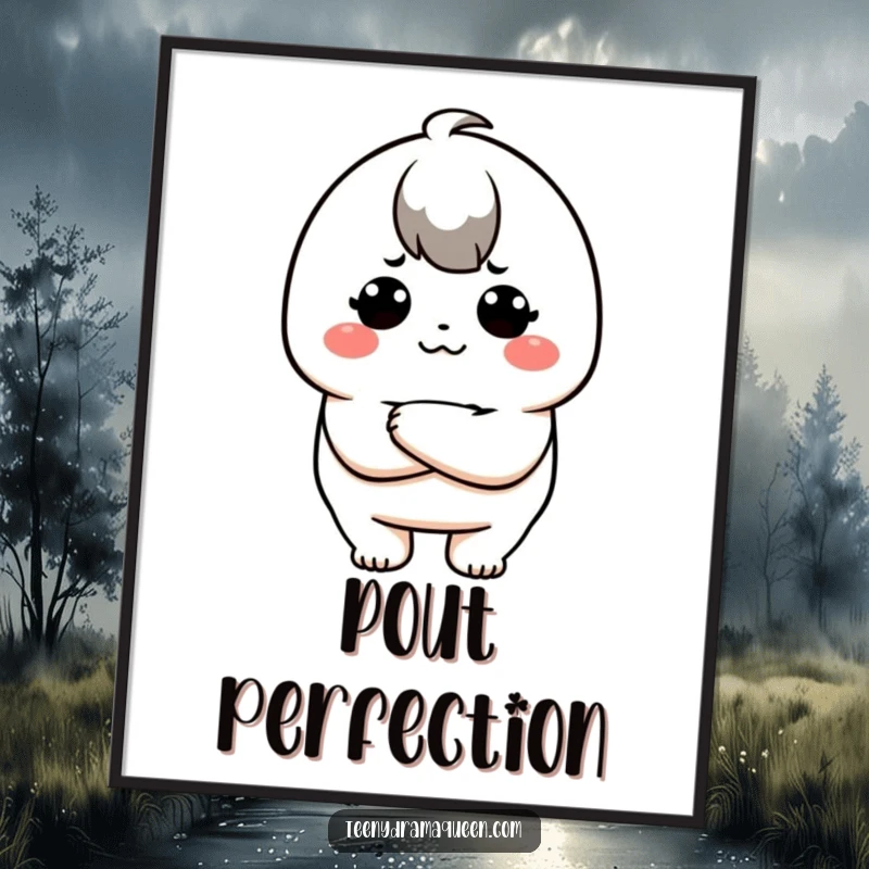 Funny digital art print of a kawaii character pouting with crossed arms, an instant mood booster and a great funny gift.