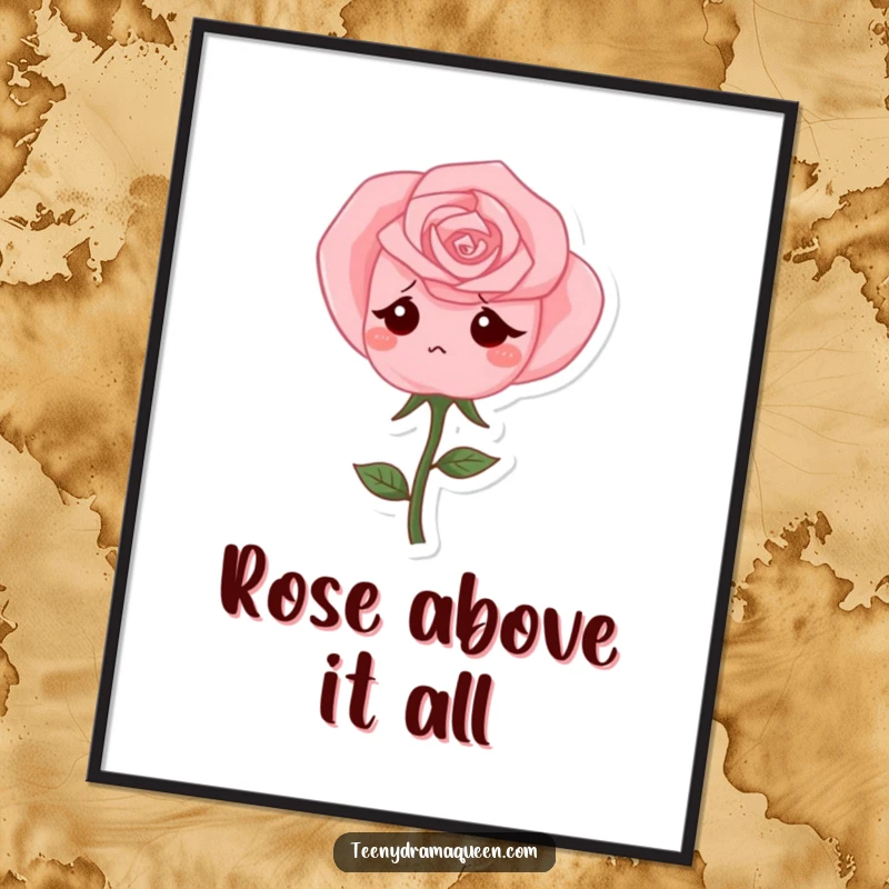 Funny Digital Art Print of a pink rose character drooping sadly, capturing a humorous and poignant moment of melancholy.