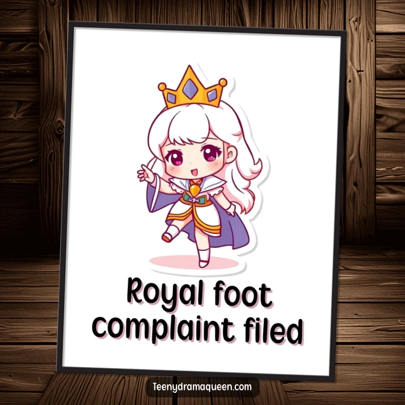 Funny digital art print of a miniature queen character stomping her foot, offering humorous royal expression for wall decor. Great funny gift.