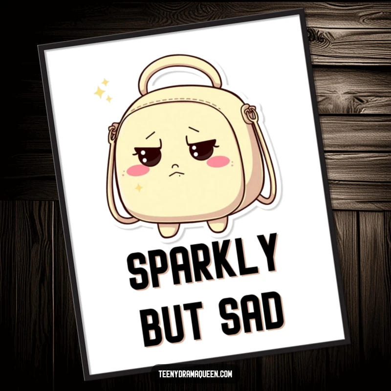 Funny digital art print of a sparkly handbag character with a discontented expression, perfect for sassy decor.
