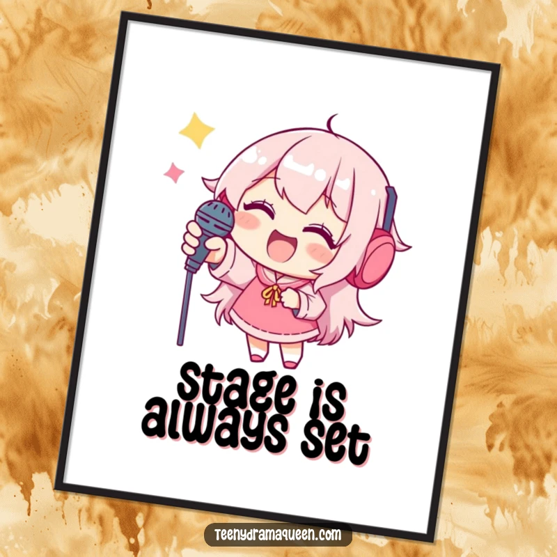 Funny digital art print, a joyful character excitedly reaching for a miniature microphone, symbolizing aspiration.