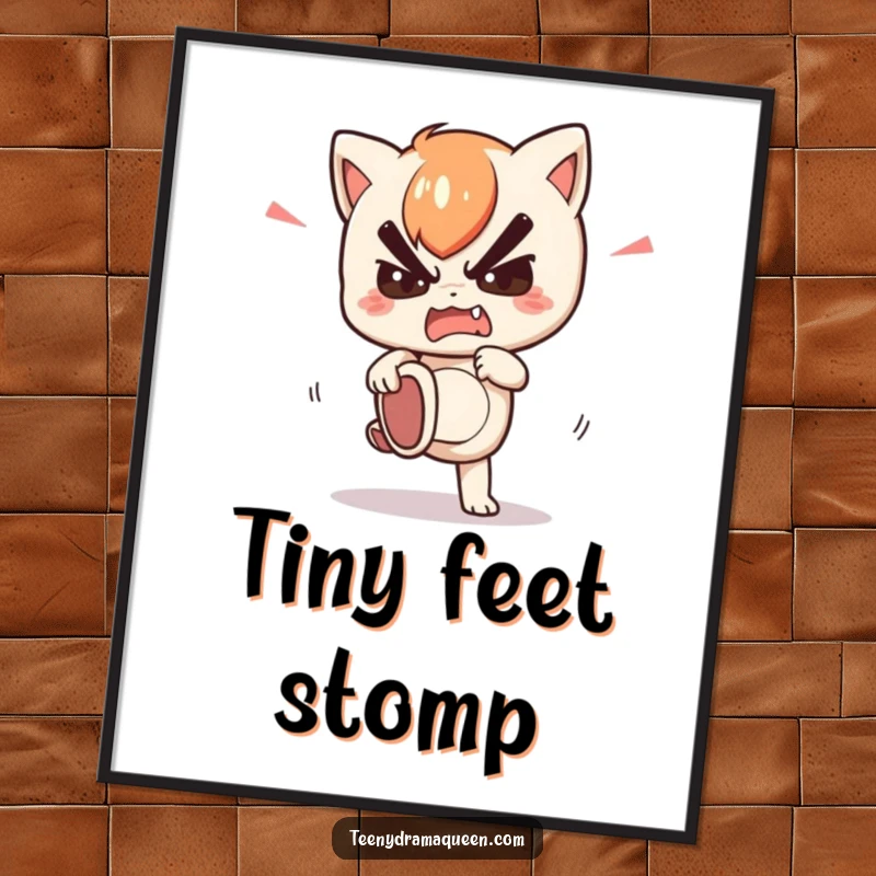 Funny digital art print of a kawaii character stomping its foot with feigned fury, symbolizing playful anger and dramatic expression.