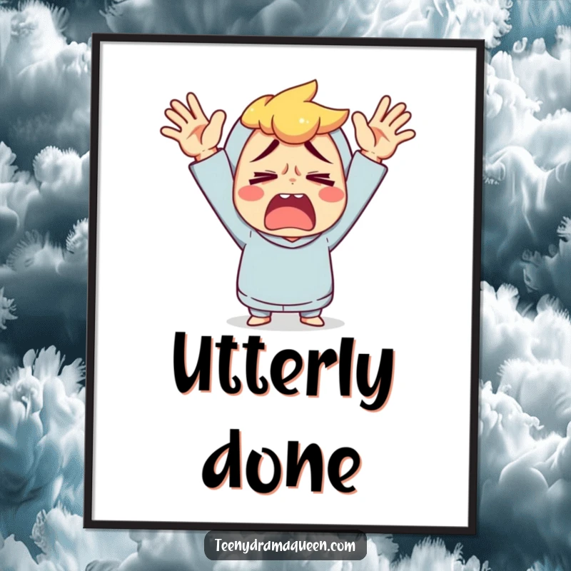 Funny digital art print of a character throwing its hands up in exaggerated exasperation, for decor.