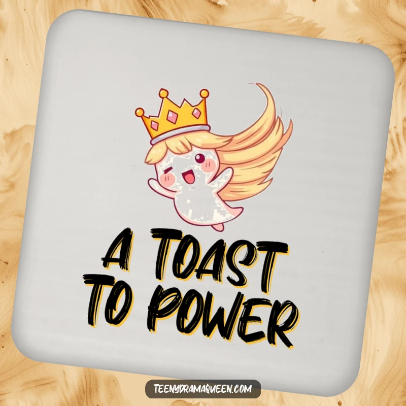 Funny coaster featuring a tiny crown dramatically flying in a whirlwind, protecting surfaces with regal humor.