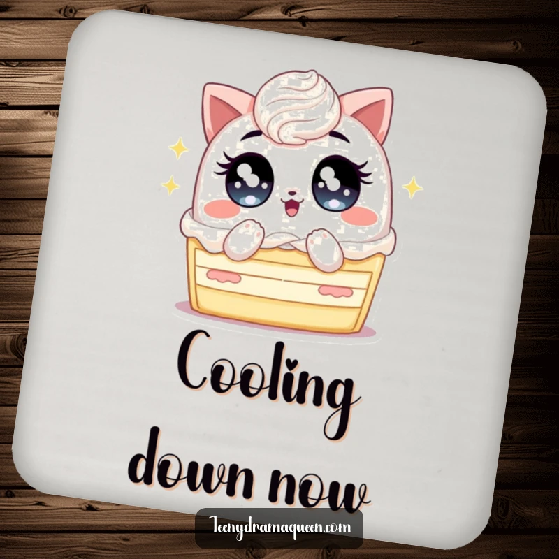 Funny coaster featuring a cake slice with huge, sparkling eyes, fanning itself intensely, protecting surfaces with humor.