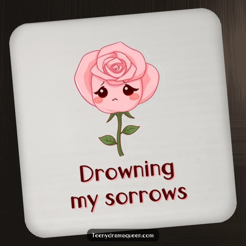 Funny Drink Coaster with a pink rose character drooping sadly, offering humorous protection with a touch of gentle melancholy.