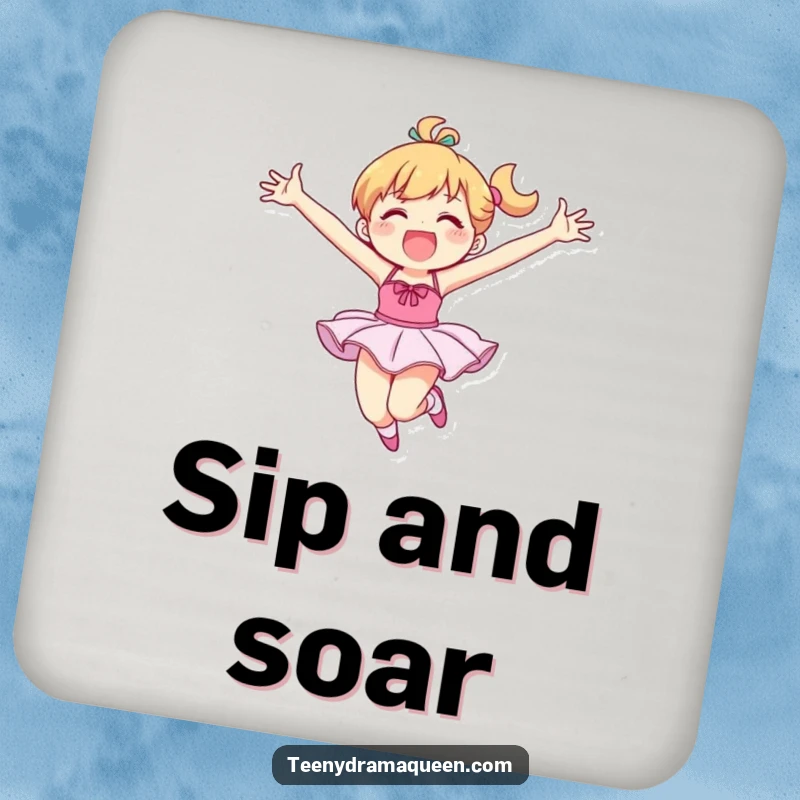 Funny coaster showcasing a ballet dancer character in a joyous, exaggerated leap, adding humor to your tabletop.