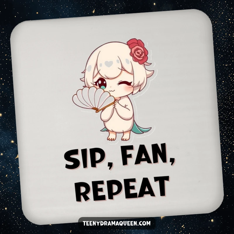 Funny drink coaster featuring a character fanning themselves with a tiny feather fan, looking bored, adding elegant and dry humor.