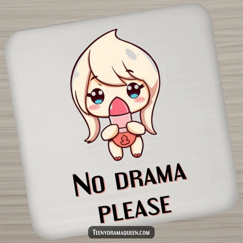 Funny Drink Coaster with a tiny lipstick character looking unimpressed, offering chic and humorous surface protection.