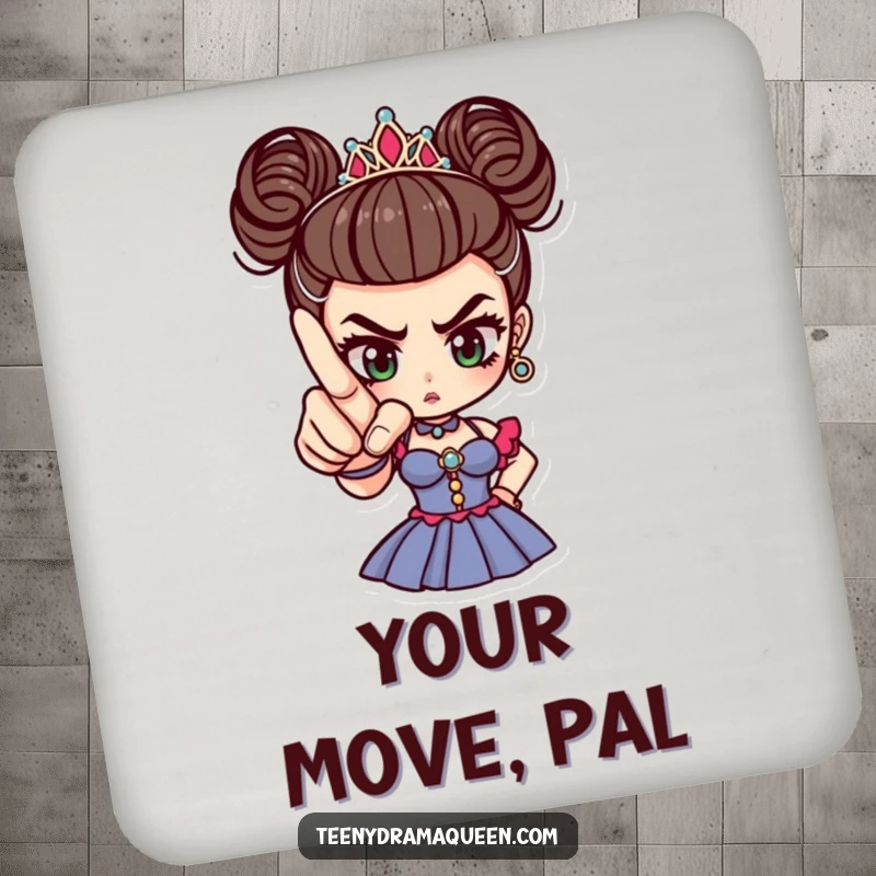 Funny tiny drama queen pointing with a perfectly manicured finger, protecting surfaces with dramatic humor.