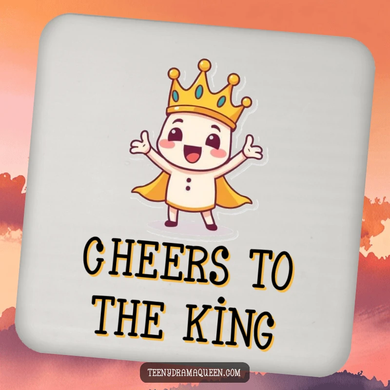Funny crown character coaster, tiny, wobbly, grand gesture, theatrical and humorous surface protection.