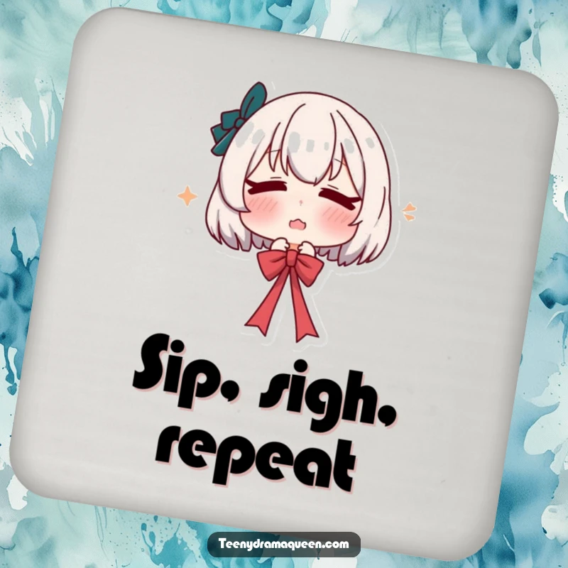 Funny drink coaster featuring a character pouting and sighing while letting go of a ribbon, adding a touch of dramatic humor.