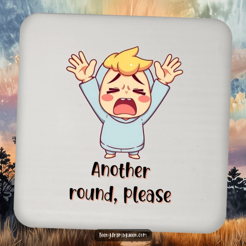 Funny coaster set with a character throwing its hands up in exaggerated exasperation.