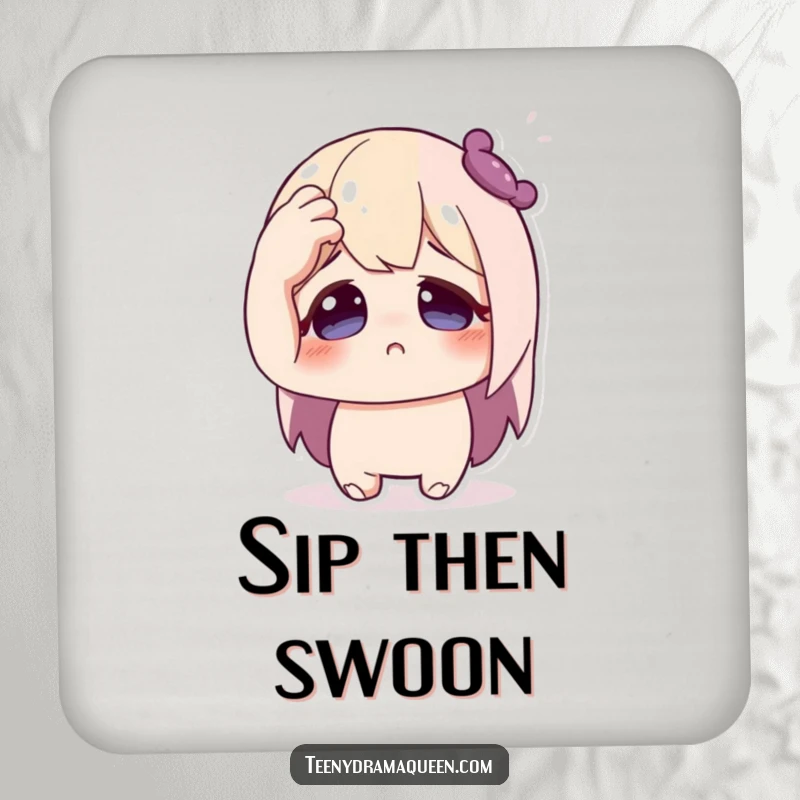 Funny drink coaster with a cute character dramatically pretending to faint, hand to forehead, wide eyes, for beverage protection.