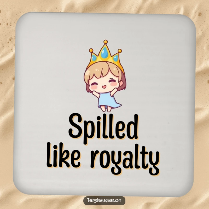 Funny drink coaster showcasing a tiny character wearing a tiara dramatically falling. Protects surfaces while adding a humorous, theatrical vibe.