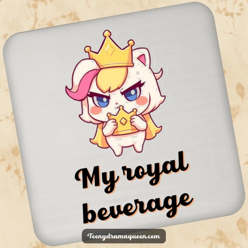 Funny drink coaster featuring a small character determinedly clutching a sparkly crown, perfect for protecting surfaces with royal humor.