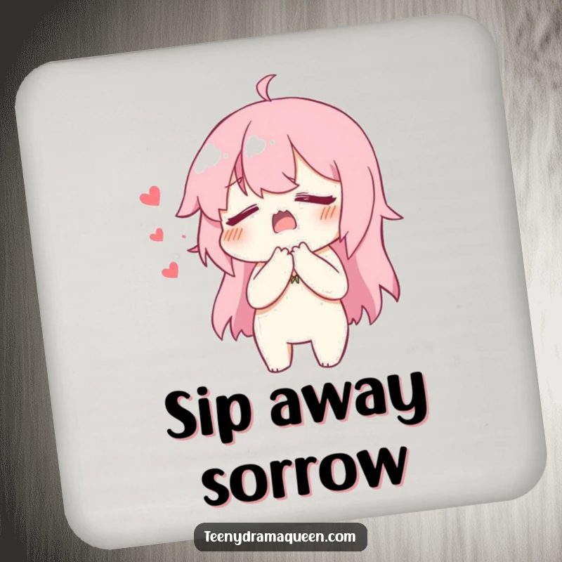 Funny Coaster featuring a character dramatically clutching its chest, faking heartbreak, a humorous protector against drink spills.