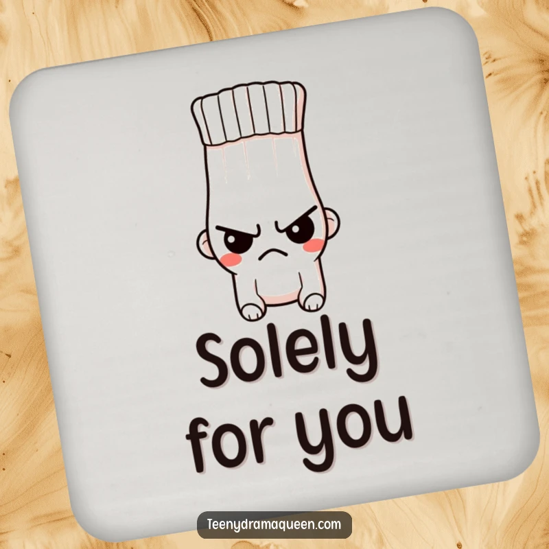 Funny drink coaster with a tiny, indignant sock character bearing a stern expression and a hole, protecting surfaces with a frown.