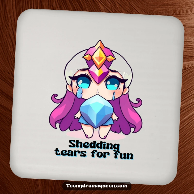 Funny drink coaster with a dramatic jewel character shedding a glittery tear, providing humorous dramatic surface protection. A perfect funny gift.