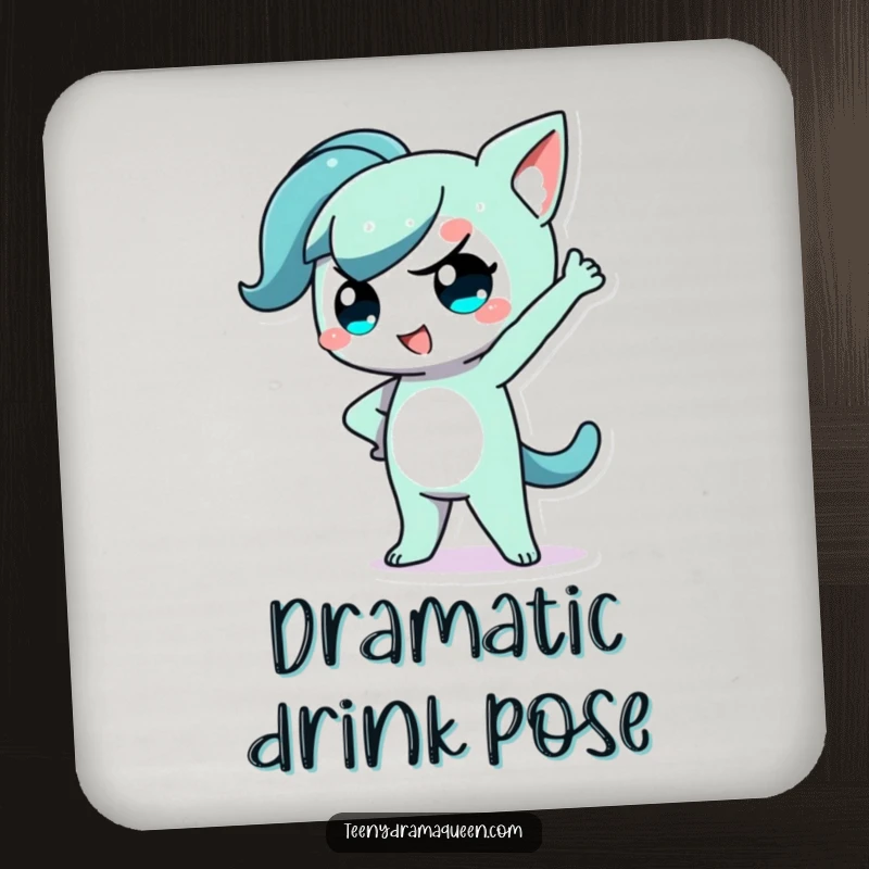 Funny Kawaii Character Coaster protecting surfaces, showing a dramatic pose with hand on hip, a small gift.