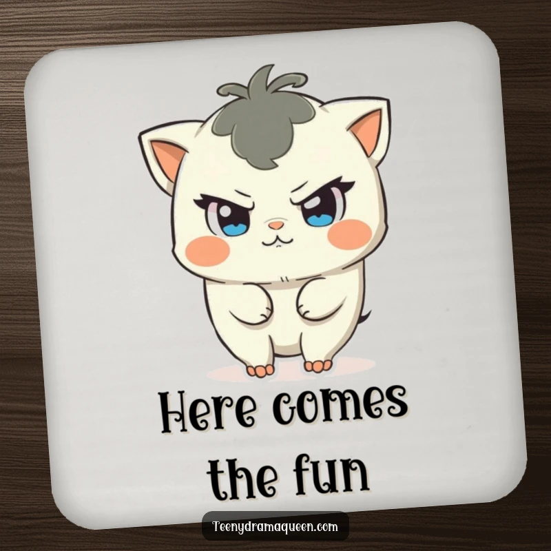 Funny drink coaster featuring a character with a mischievous glint, ready to cause a small commotion, adding playful humor.