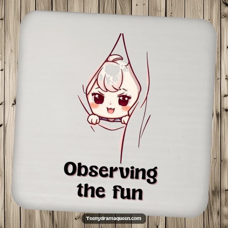 Funny coaster set with a character peeking from behind a curtain, sporting a mischievous smirk.