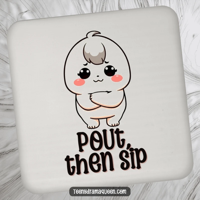 Funny drink coaster featuring a kawaii character with a classic pouty expression, protecting surfaces with style, a funny gift.