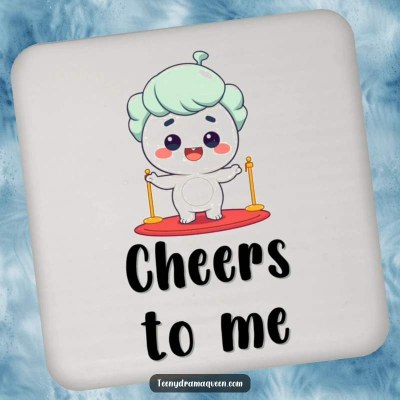 Funny giggling character on a red carpet, beaming, protecting surfaces with star quality and humor.