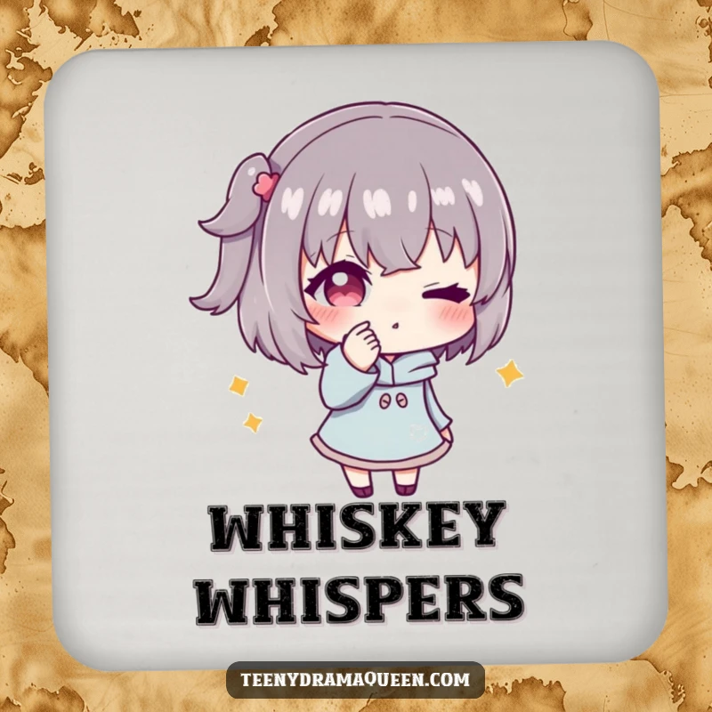 Funny drink coaster with a character whispering secrets and winking conspiratorially, perfect for adding a touch of humorous mystery to any table.