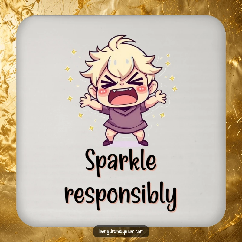 Funny Drink Coasters: Tiny character throwing a tiny, sparkly tantrum, protecting tables with humorous flair.