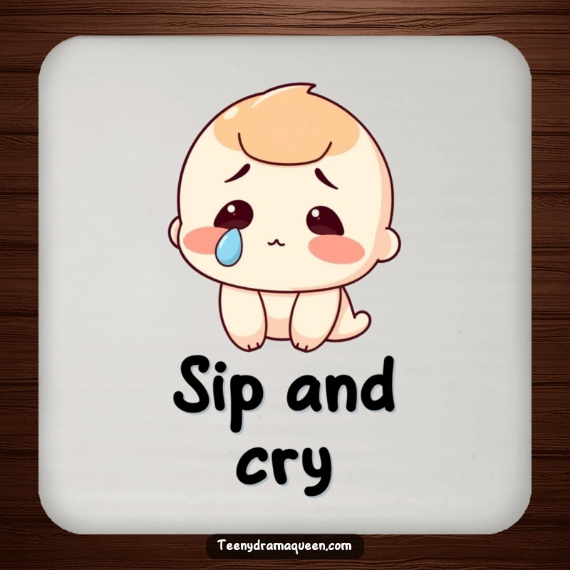 Funny drink coaster featuring a character with a single, artistic tear, adding a touch of humorous melancholy to any beverage setting.