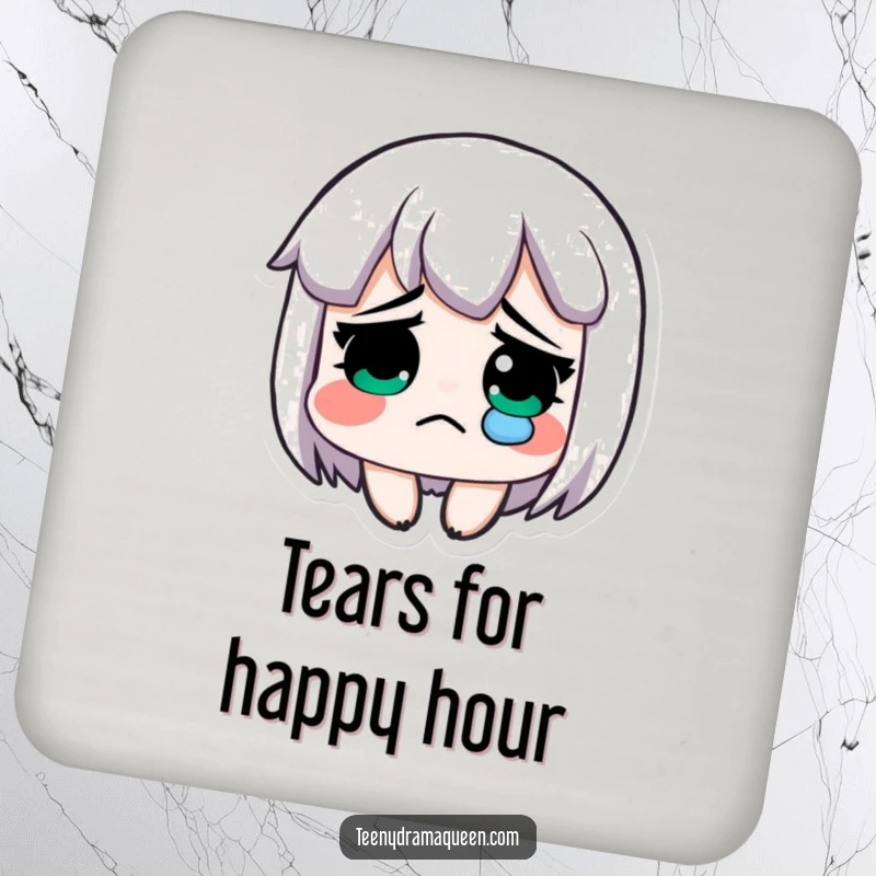 Funny drink coaster, an exaggeratedly sad character with a single tear, symbolizing dramatic emotion.
