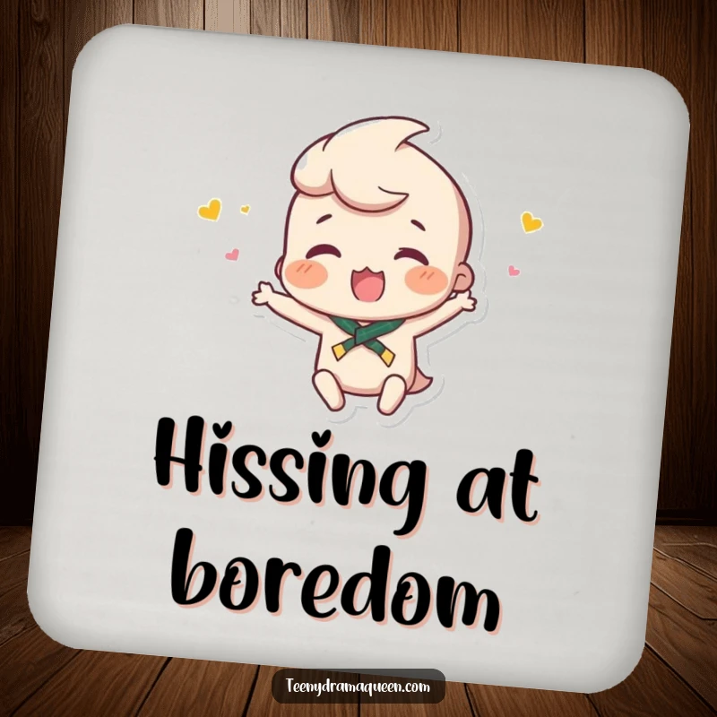 Funny drink coaster showing a small character throwing a minuscule hissy fit, perfect for adding playful drama and humor to tabletops.