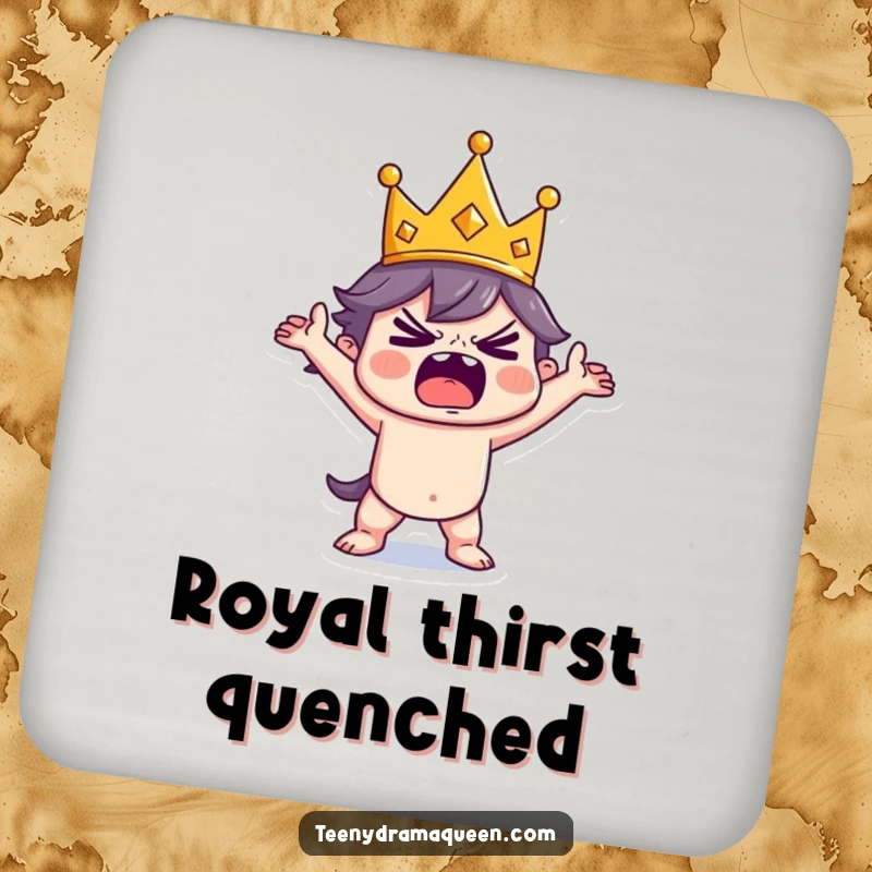 Funny Coaster featuring a tiny crowned character dramatically posing mid-tantrum, a hilarious way to prevent drink rings.