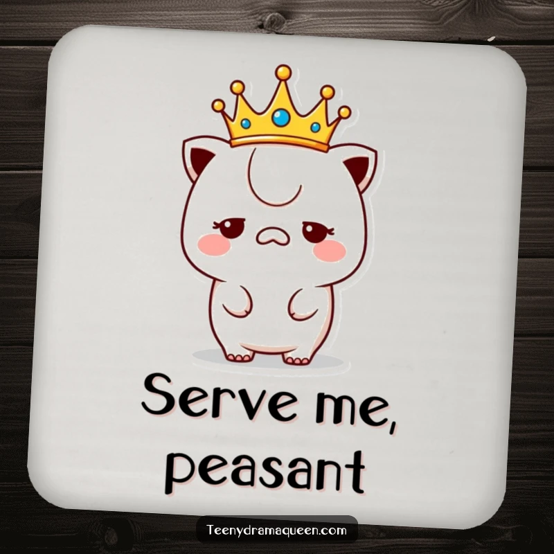 Funny unimpressed kawaii coaster set, protecting tables with a crowned character looking bored, perfect for royal sips.