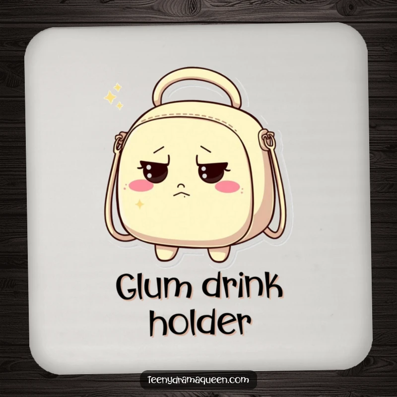 Funny drink coaster with a sparkly handbag character looking unimpressed, protecting surfaces with style.